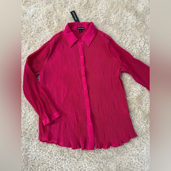 PLT Hot Pink Plisse Button Front Oversized Shirt - Picture 3 of 3
